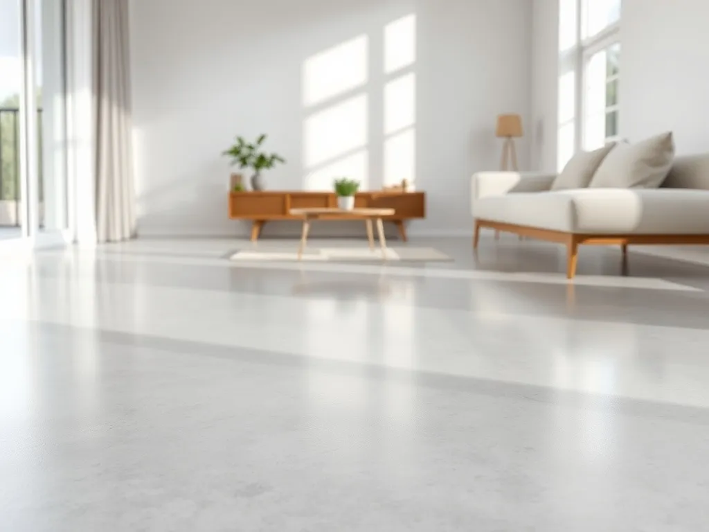 Jasny salon z gładką, błyszczącą posadzką żywiczną, ukazującą bezspoinową powierzchnię w nowoczesnym, minimalistycznym wnętrzu.