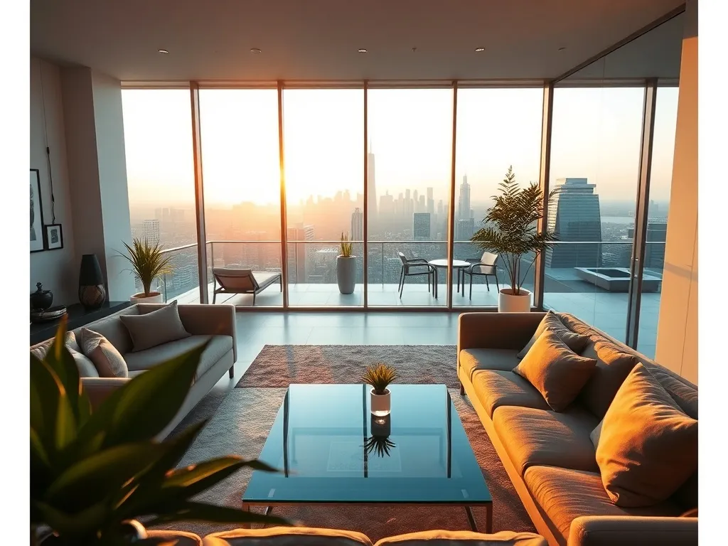 Jasny, nowoczesny penthouse z salonem i tarasem, dużymi oknami oraz widokiem na panoramę miasta o zachodzie słońca.