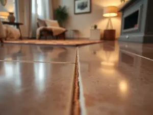 Ręce nakładają tynk dekoracyjny z gipsu na ścianę pacą, w tle rozmyty pokój z drabiną i wiadrem, domowa atmosfera DIY.