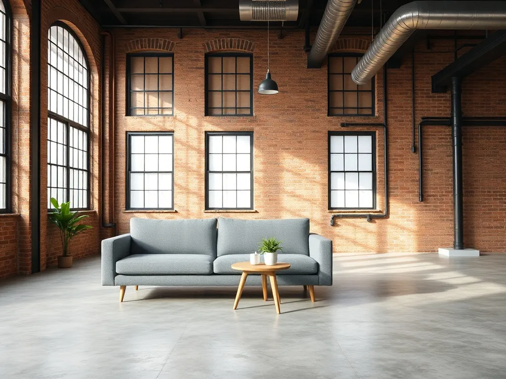 Loftowy salon w stylu industrialnym z szarą sofą, stolikiem i rośliną na betonowej podłodze, cegłą i dużymi oknami w tle.