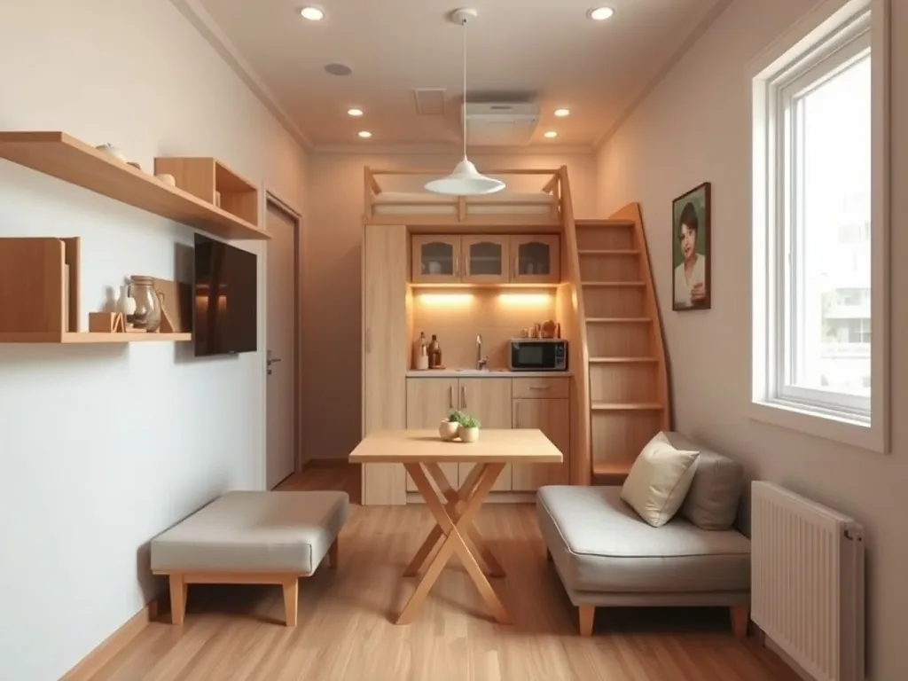Jasny mikroapartament z kompaktowym salonem, aneksem kuchennym i antresolą sypialnianą, urządzony minimalistycznie i funkcjonalnie.