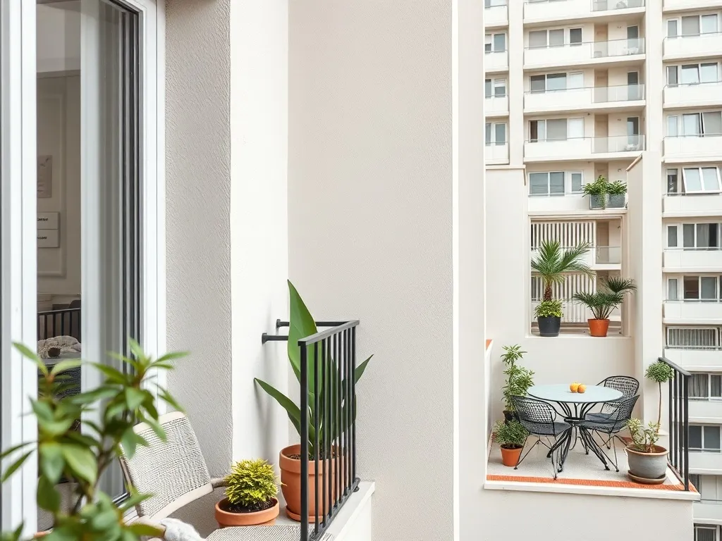 Elewacja z wysuniętym balkonem i cofniętą loggią, obie z roślinami i meblami, pokazujące różnicę konstrukcyjną między nimi.