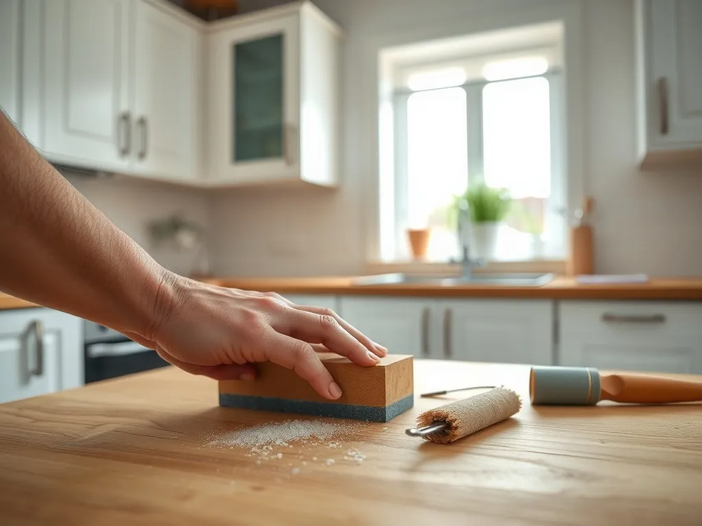 Szlifowanie drewnianego blatu kuchennego przed odnowieniem; na blacie widoczne narzędzia i jasne, nowoczesne wnętrze kuchni.