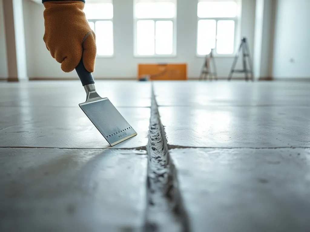 Świeżo wylana posadzka betonowa z prostą dylatacją, ręka pracownika koryguje szczelinę metalową pacą w jasnym wnętrzu.