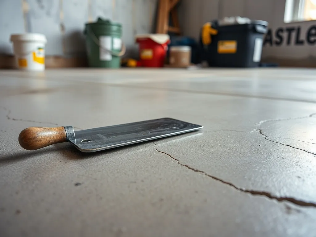 Świeżo wylany, wygładzony beton z kielnią, widoczne etapy schnięcia i delikatne spękania na tle remontowanej ściany