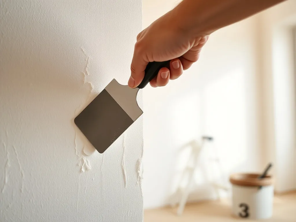 Ręce nakładają tynk dekoracyjny z gipsu na ścianę pacą, w tle rozmyty pokój z drabiną i wiadrem, domowa atmosfera DIY.