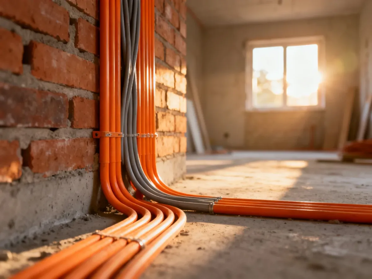 Pomarańczowe peszle i przewody elektryczne wyprowadzone z betonowej podłogi na ceglaną ścianę w trakcie remontu wnętrza.