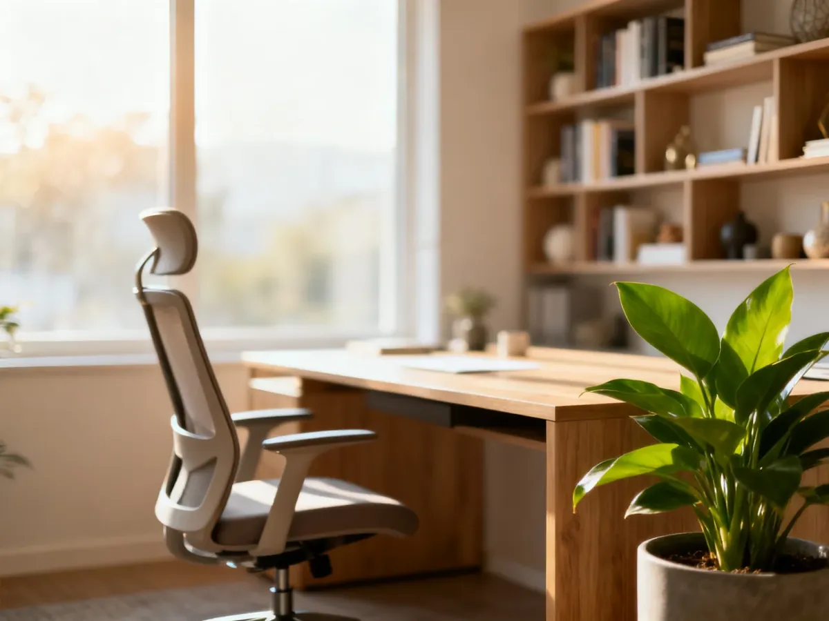 Nowoczesne biuro domowe z minimalistycznym biurkiem, ergonomicznym krzesłem i rośliną, tworzące przytulną przestrzeń do pracy.