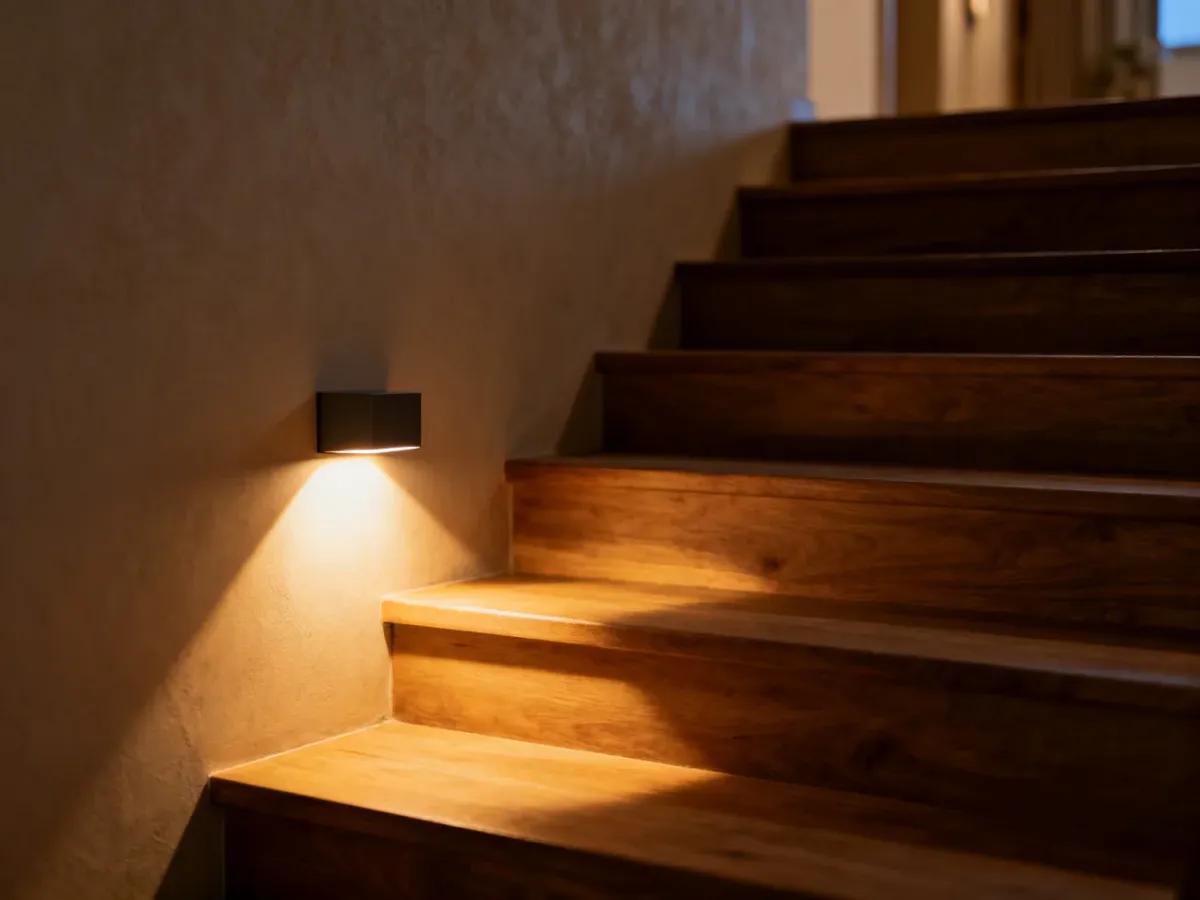 Minimalistyczna lampa LED zamontowana nisko przy drewnianych schodach, emitująca ciepłe, nastrojowe światło.