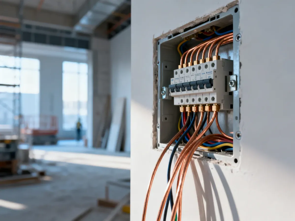 Otwarte puszki instalacyjne z uporządkowanymi przewodami miedzianymi i profesjonalnymi złączami elektrycznymi.