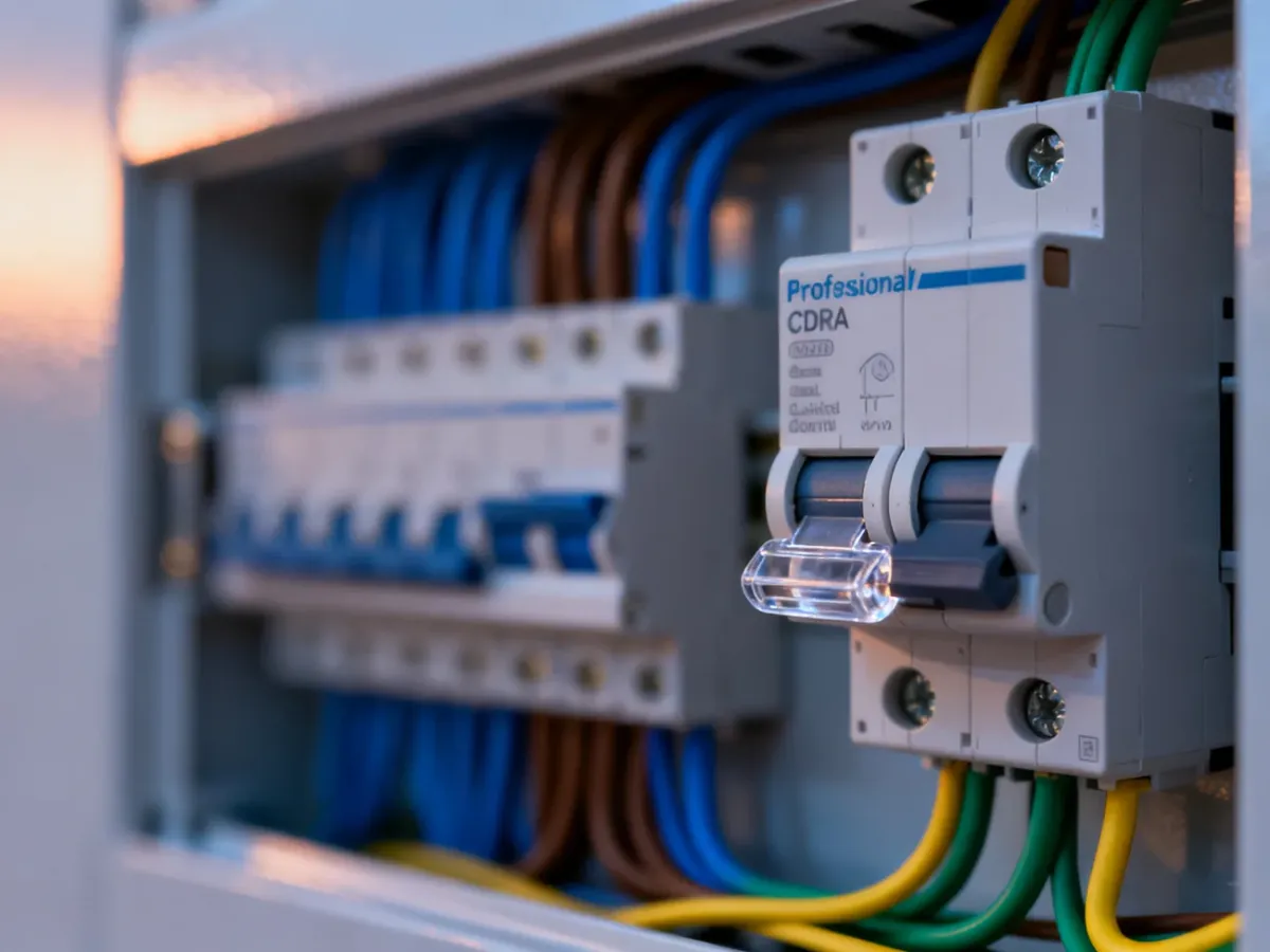 Nowoczesny wyłącznik różnicowoprądowy w domowej rozdzielnicy elektrycznej z uporządkowanym okablowaniem.