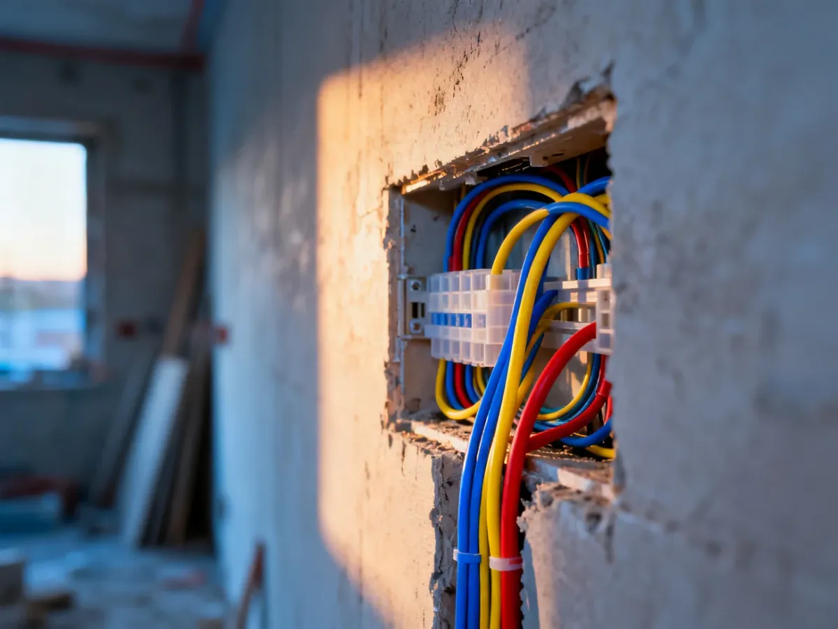 Otwarta ściana z widoczną instalacją elektryczną, kolorowymi przewodami i peszlami w trakcie prac remontowych.