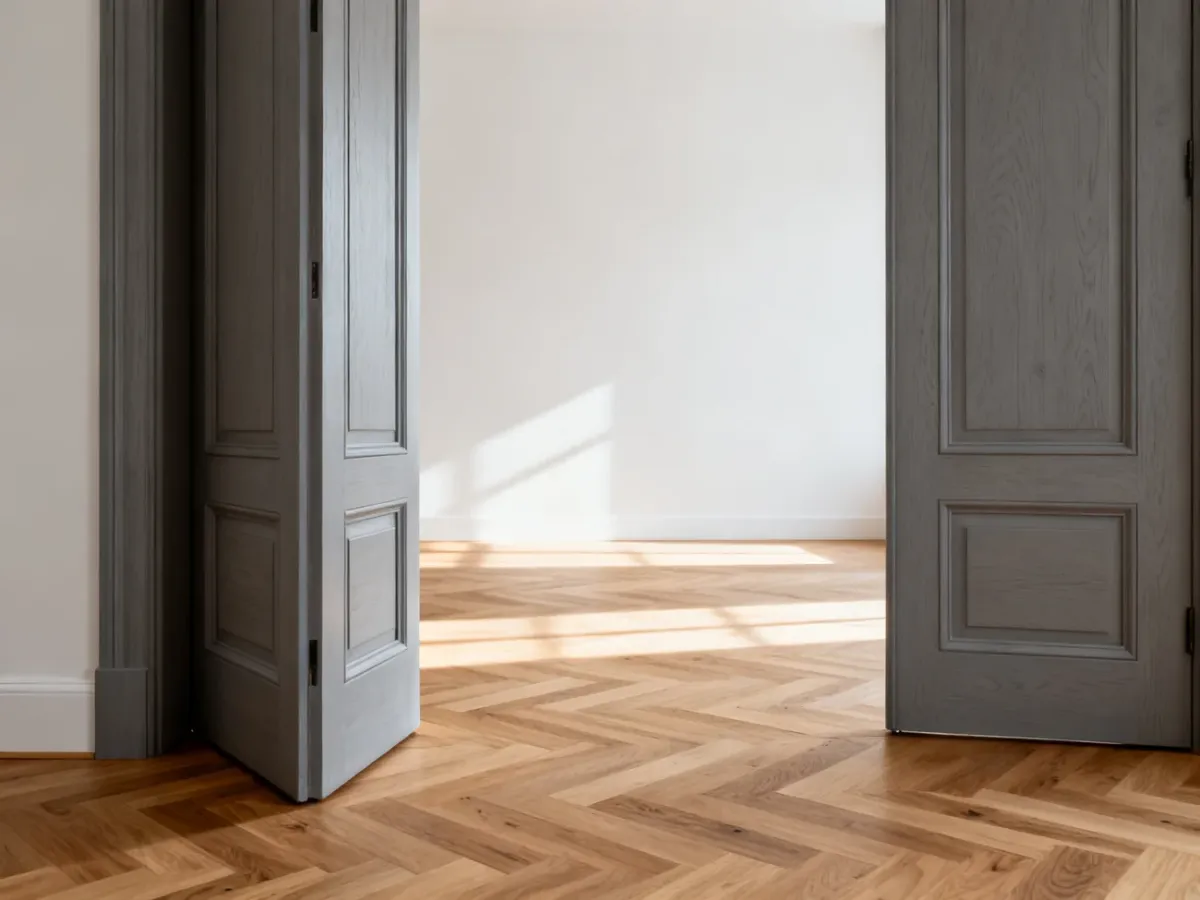 Eleganckie szare drzwi w nowoczesnym przedpokoju zestawione z jasnym parkietem w jodełkę.
