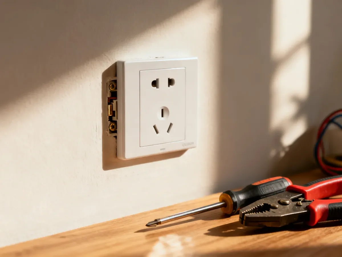 Nowoczesne gniazdo elektryczne z uziemieniem oraz narzędzia monterskie przygotowane do instalacji na ścianie.