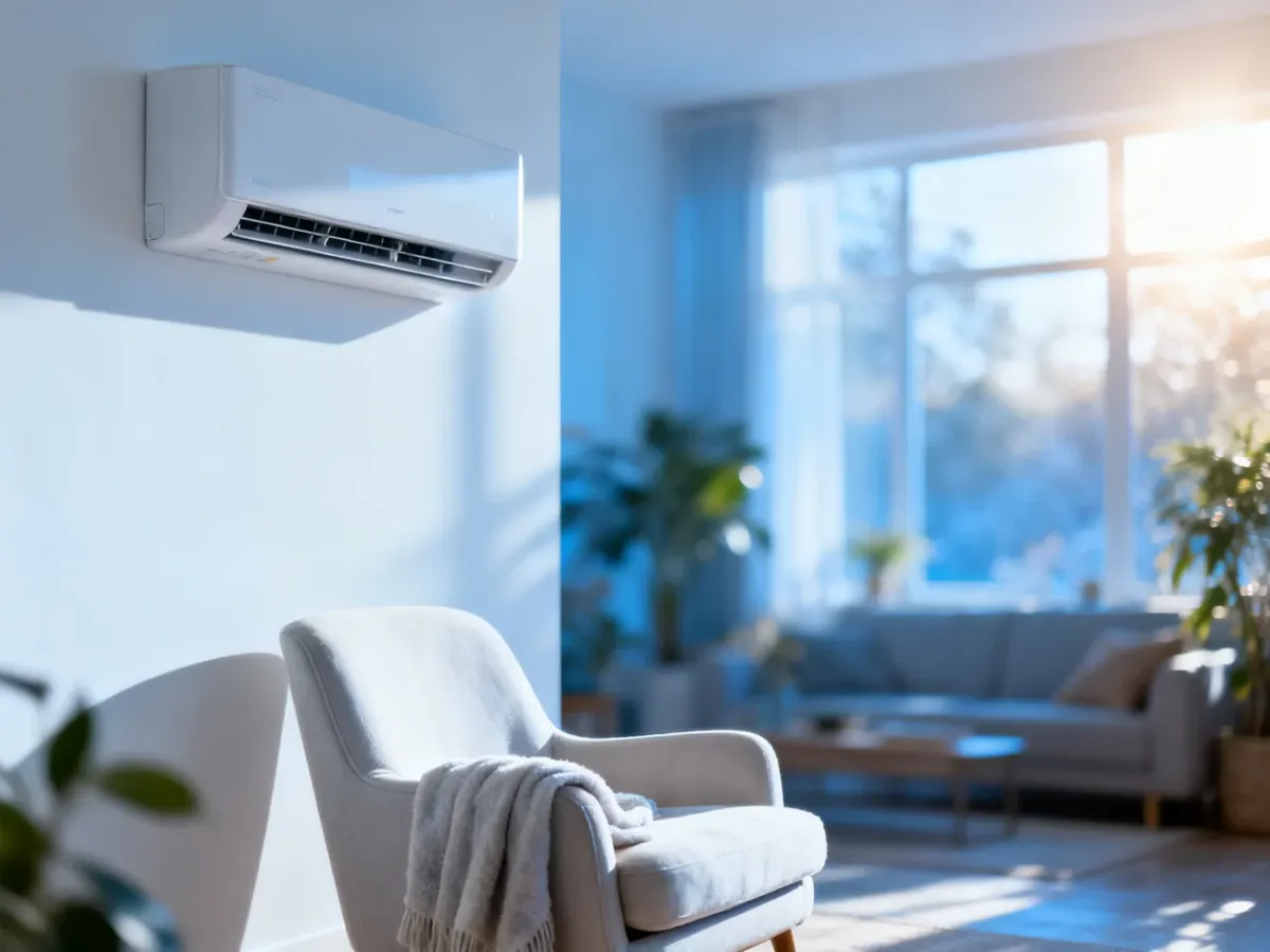 Nowoczesny klimatyzator ścienny w przytulnym, jasnym salonie, zapewniający komfortową temperaturę w domu.