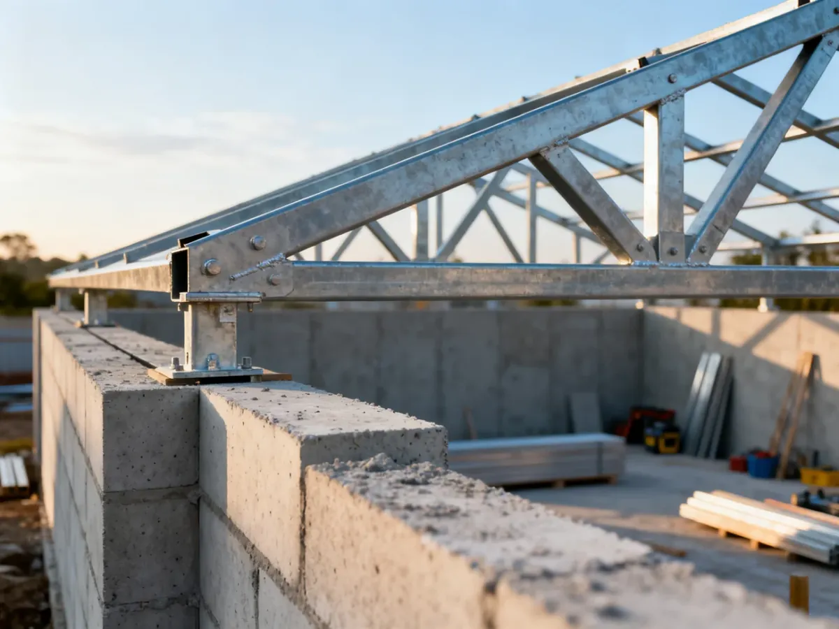 Montaż stalowej więźby dachowej na betonowych ścianach garażu w trakcie prac budowlanych.