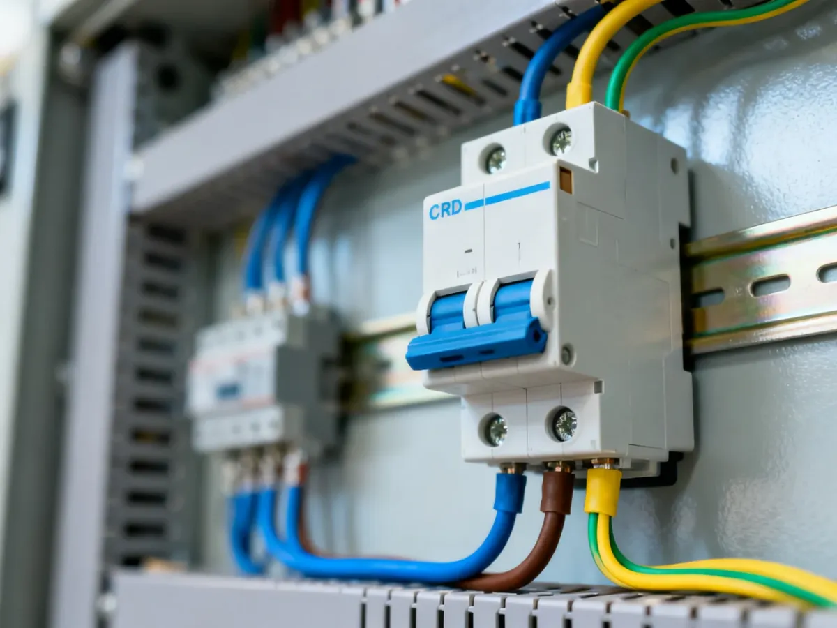 Nowoczesna rozdzielnica elektryczna z widocznym wyłącznikiem różnicowoprądowym i starannie podłączonymi przewodami.