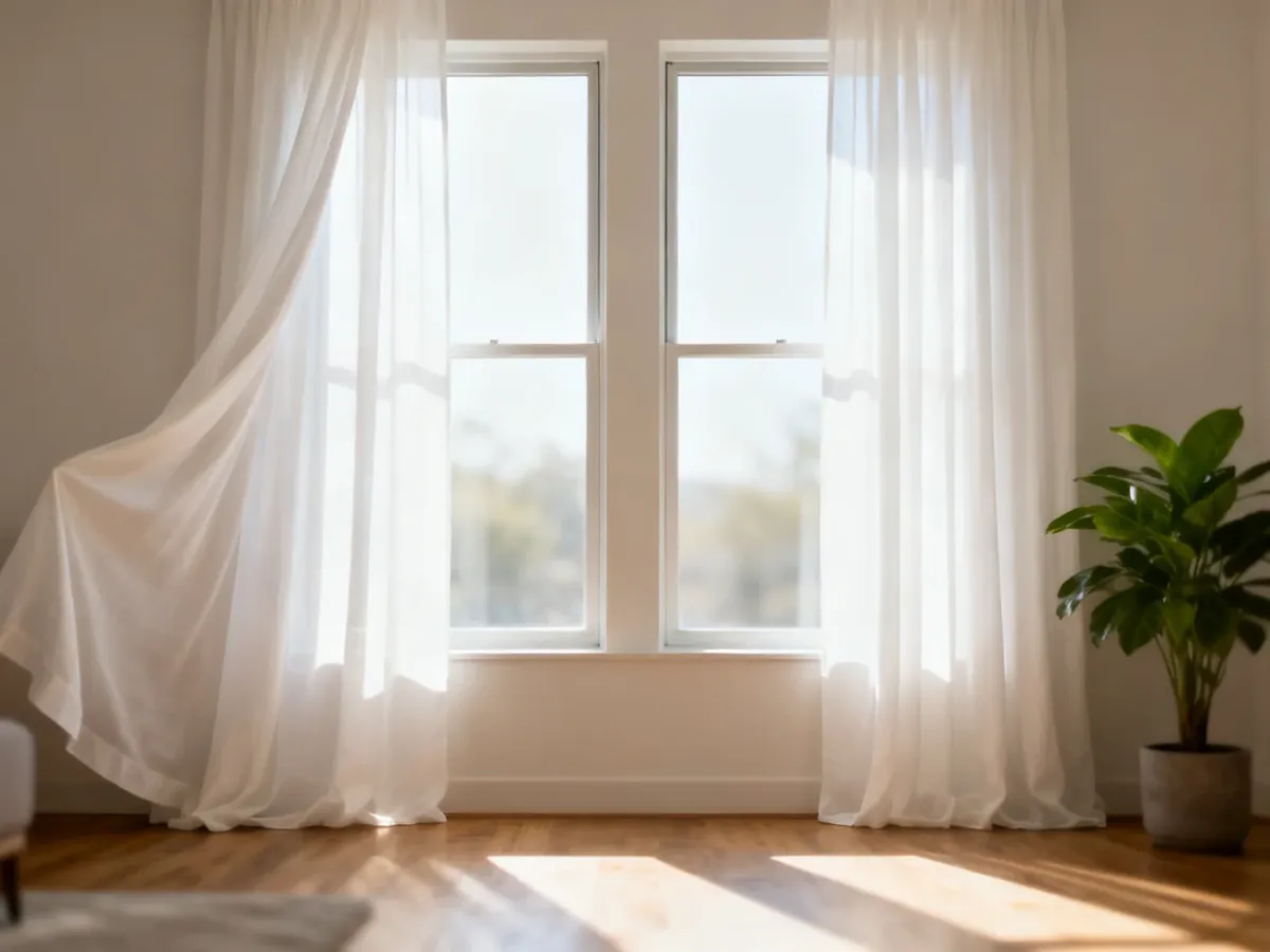 Jasne, lniane firany sięgające podłogi, elegancko zaaranżowane na dwóch sąsiadujących oknach w nowoczesnym salonie.