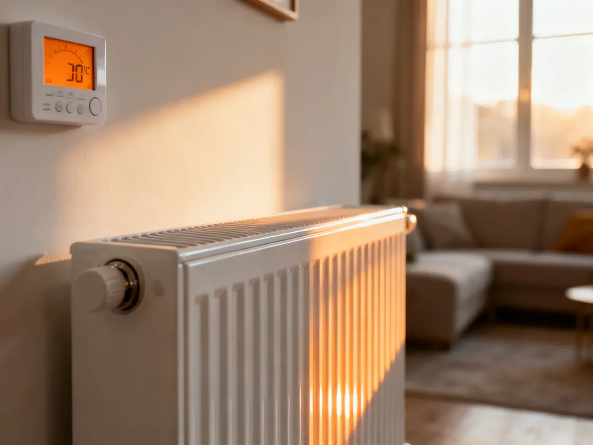 Nowoczesny grzejnik ścienny w minimalistycznym salonie z widocznym termostatem ustawionym na ciepłą temperaturę.