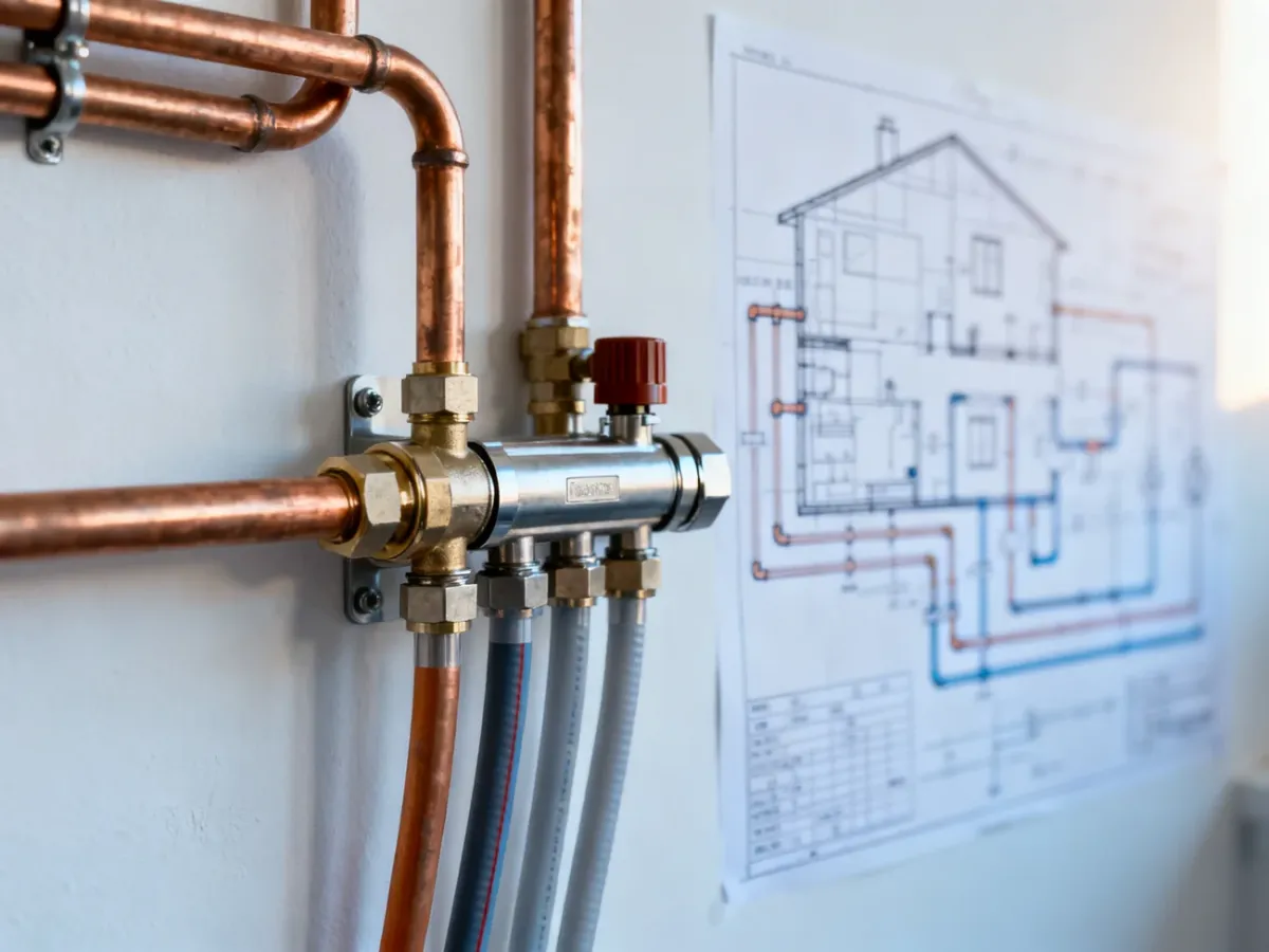 Nowoczesna instalacja sanitarna z miedzianych i rur PEX na tle projektu technicznego systemu wodno-kanalizacyjnego.