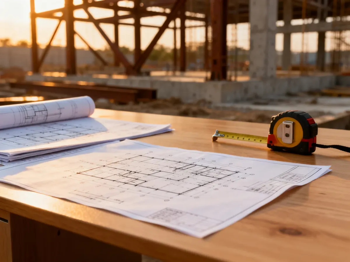 Plany architektoniczne i miarka na drewnianym biurku na tle placu budowy. Ilustracja przygotowań do wylewania fundamentów.