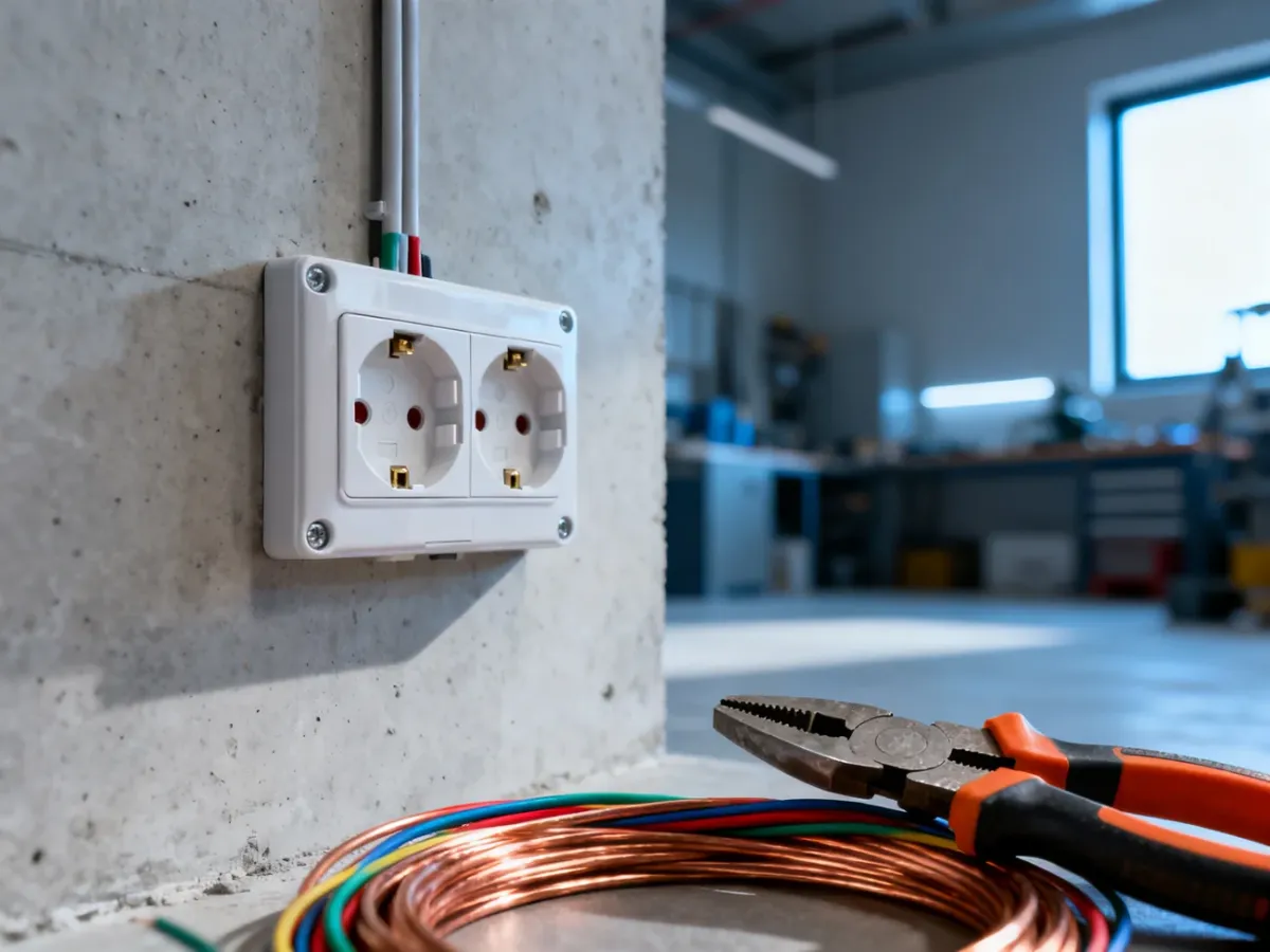 Profesjonalne gniazdo siłowe zamontowane na ścianie wraz z zestawem przewodów i narzędzi elektrycznych przygotowanych do montażu.