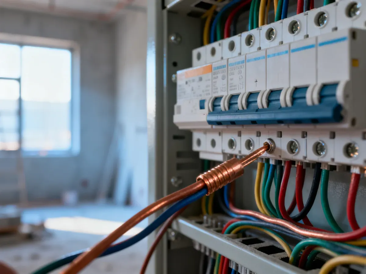 Profesjonalnie wykonana rozdzielnica elektryczna z uporządkowanym okablowaniem, podkreślająca precyzję montażu instalacji.