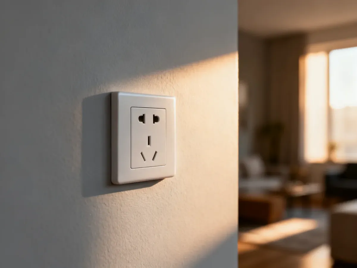 Nowoczesne gniazdko elektryczne zamontowane na jasnoszarej ścianie w dobrze oświetlonym wnętrzu.