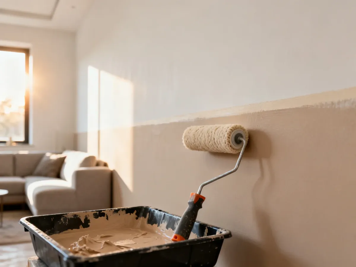 Nowoczesny salon z dwukolorową ścianą pomalowaną z wyraźną linią podziału, obok wałek i kuweta z farbą.