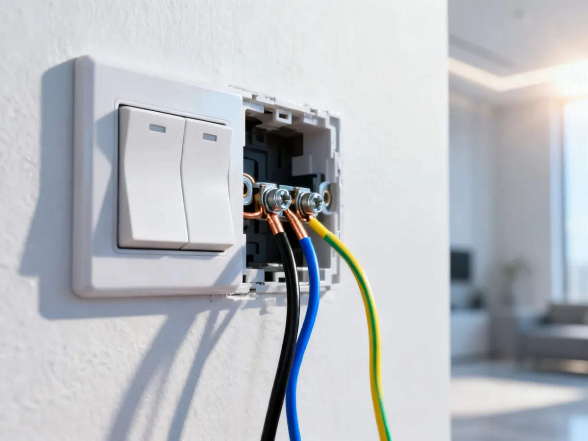 Zbliżenie na proces montażu podwójnego włącznika światła z widocznymi przewodami elektrycznymi wewnątrz puszki.