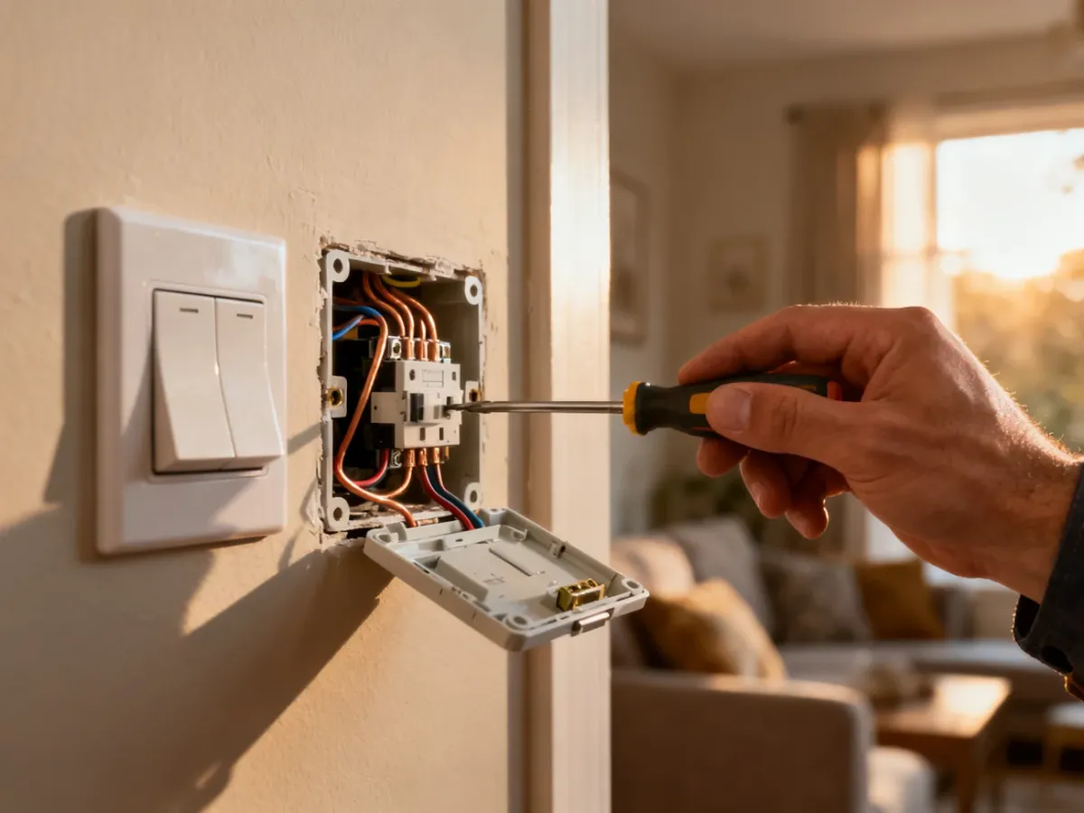 Elektryk używa śrubokręta do montażu włącznika schodowego, odsłaniając przewody elektryczne wewnątrz instalacji.