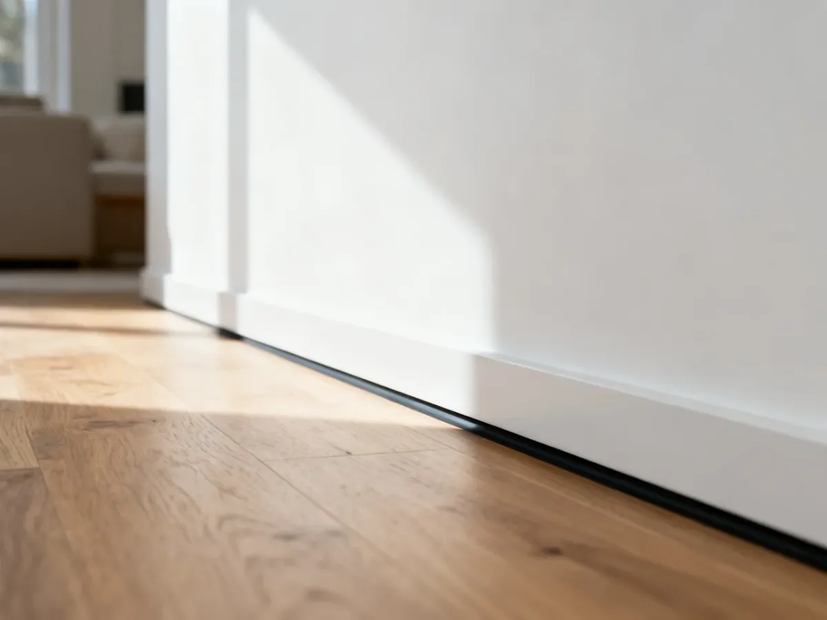 Minimalistyczne połączenie białej ściany z drewnianą podłogą za pomocą estetycznego profilu typu shadow gap.