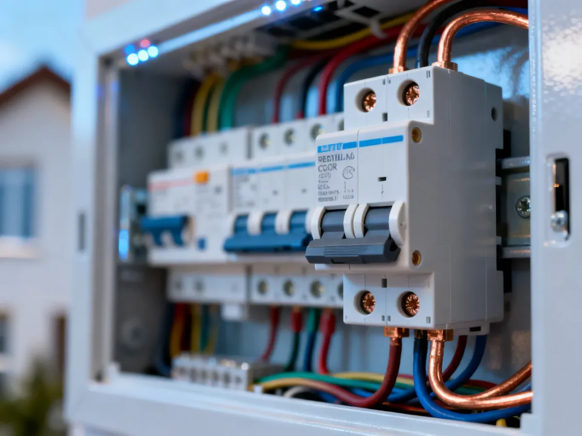 Nowoczesna rozdzielnica elektryczna z wyraźnie widocznym wyłącznikiem różnicowoprądowym i starannie podłączonymi przewodami.