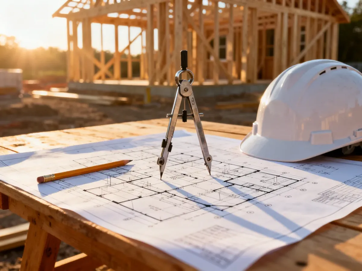 Projekt architektoniczny domu z narzędziami pomiarowymi i kaskiem na tle placu budowy w świetle poranka.