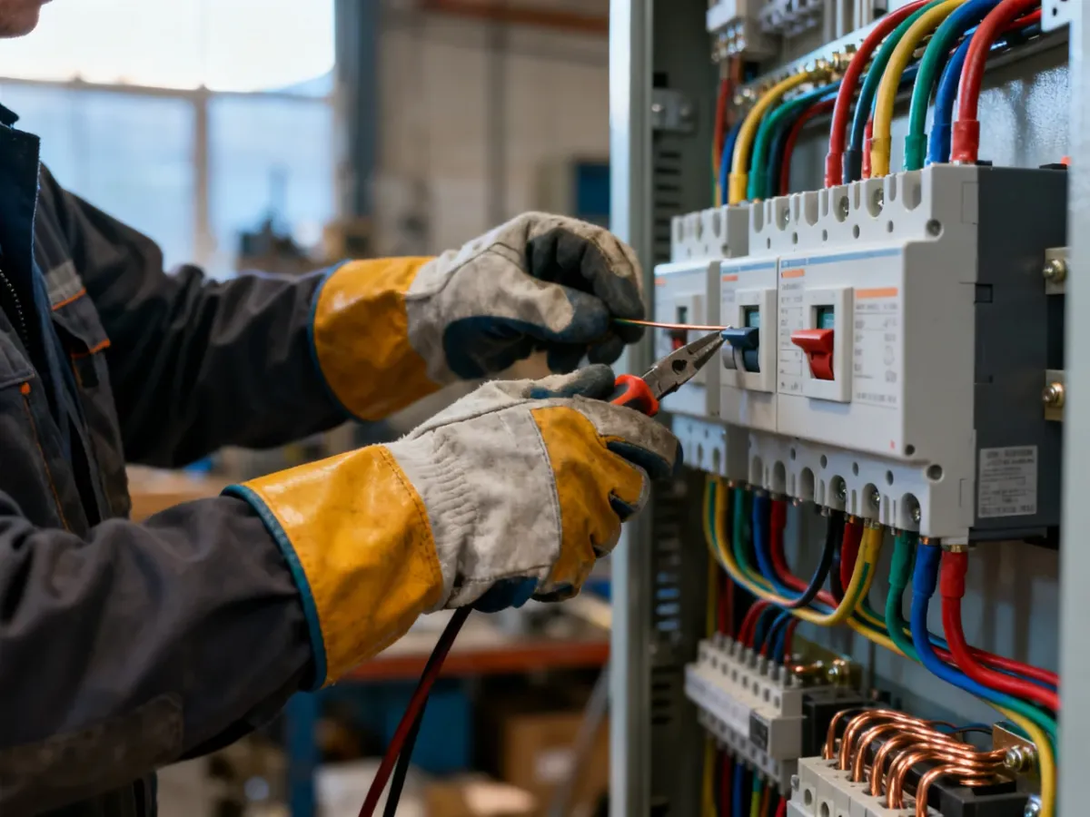 Elektryk w izolowanych rękawicach montuje przewody w nowoczesnej rozdzielnicy trójfazowej.