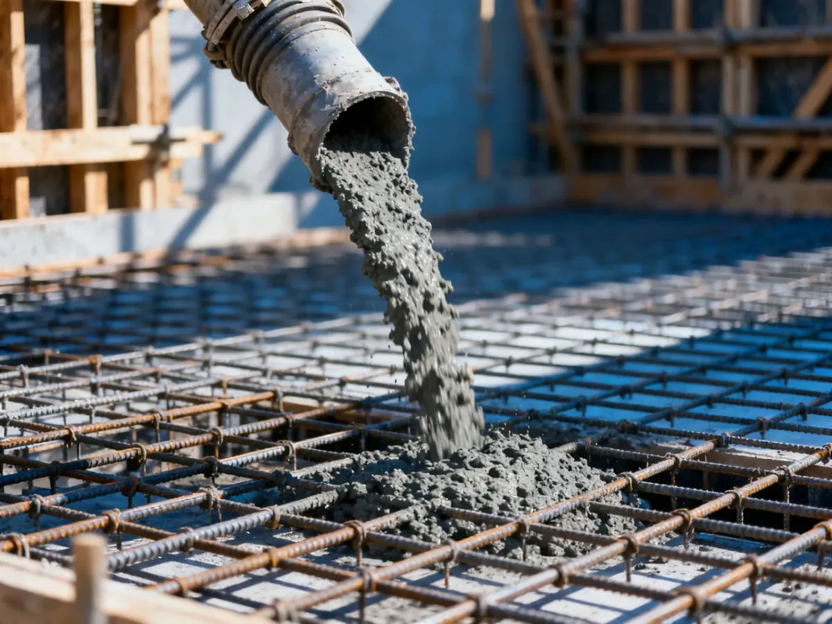 Beton wylewany z pompy na zbrojenie ze stali podczas tworzenia stropu na placu budowy.