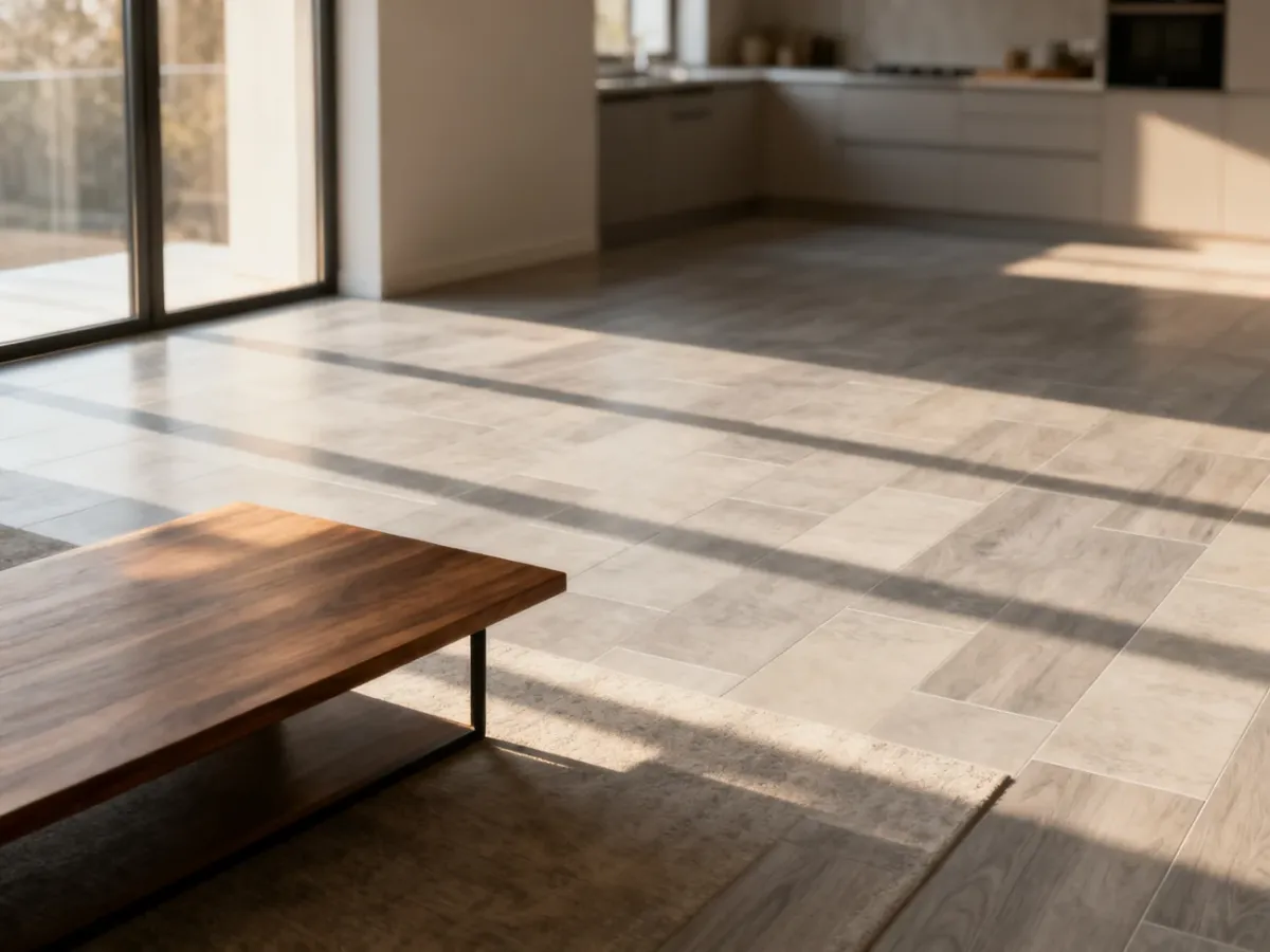 Nowoczesny salon z panelami podłogowymi imitującymi duże, eleganckie płytki ceramiczne w odcieniach szarości i beżu.
