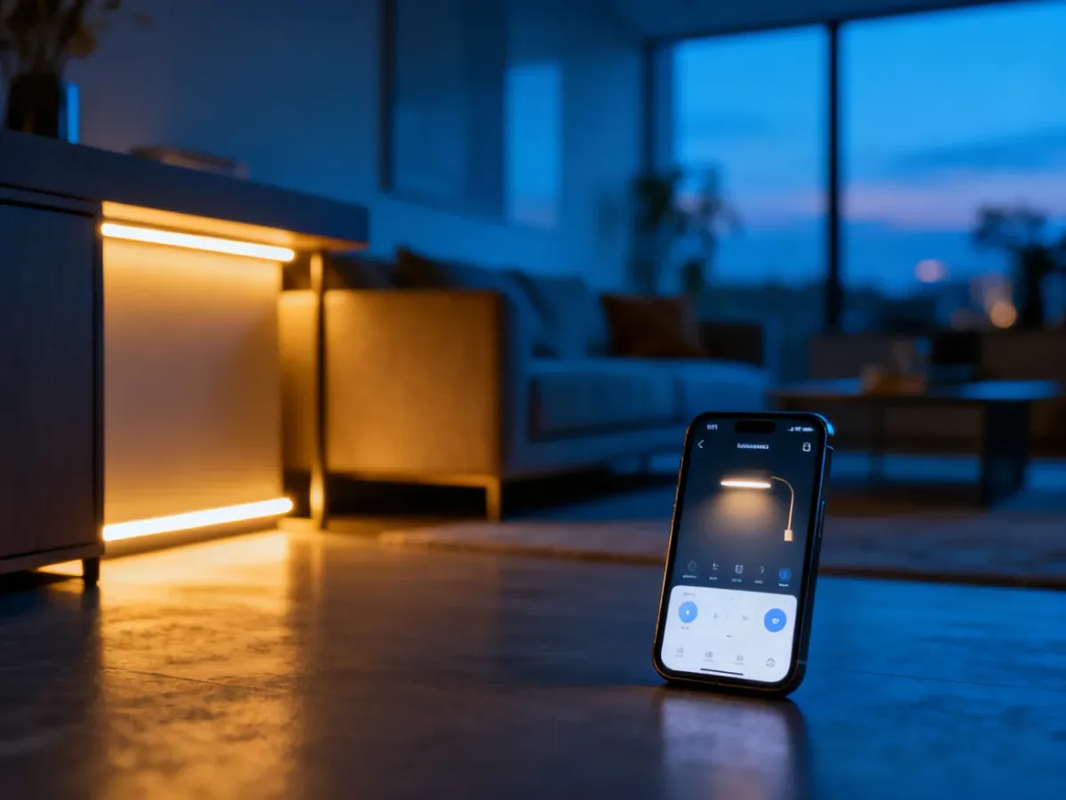 Nowoczesny salon z inteligentnym oświetleniem LED sterowanym za pomocą aplikacji w smartfonie.