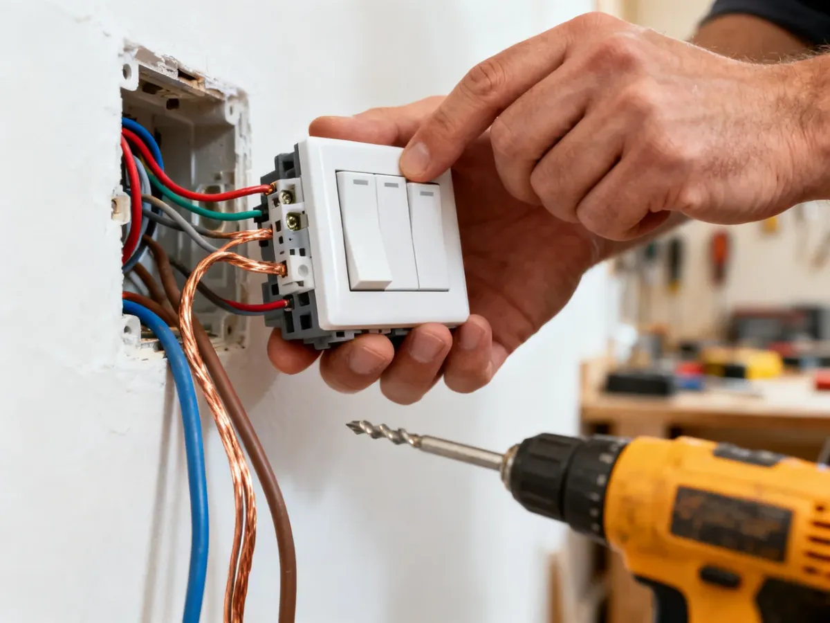 Dłonie elektryka montujące mechanizm włącznika krzyżowego z widocznymi przewodami miedzianymi i narzędziami w tle.