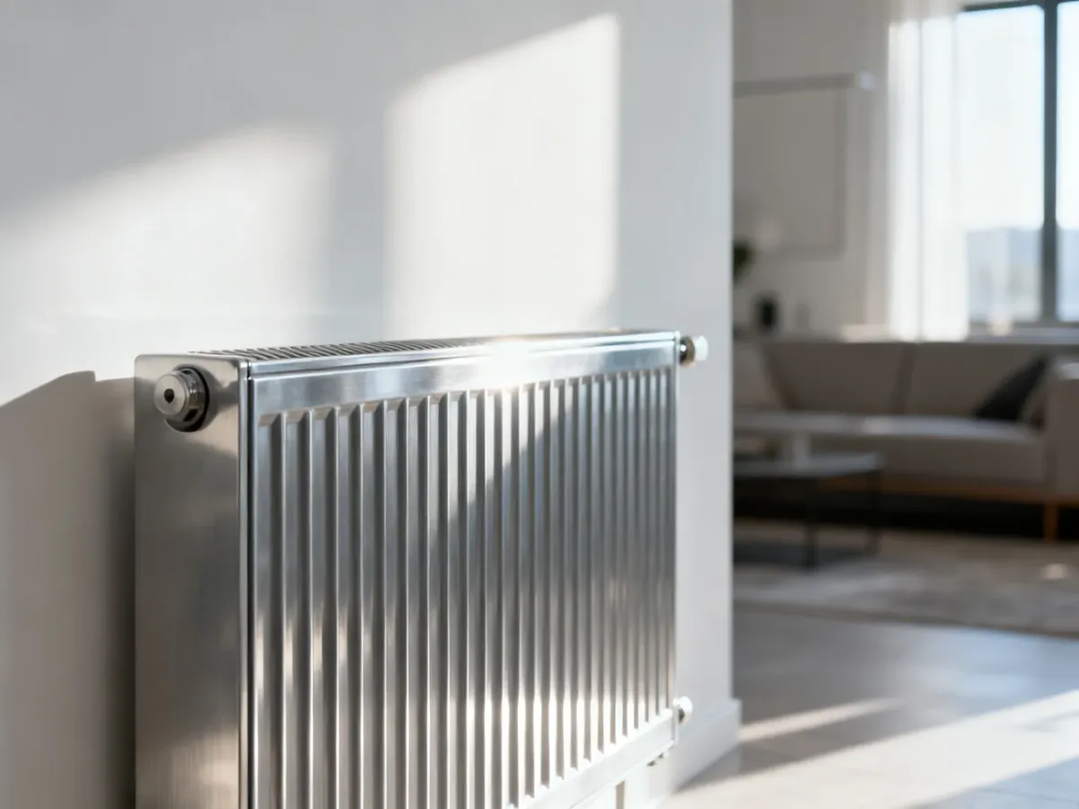 Nowoczesny aluminiowy grzejnik o pionowym żebrowaniu zamontowany na białej ścianie w minimalistycznym salonie.