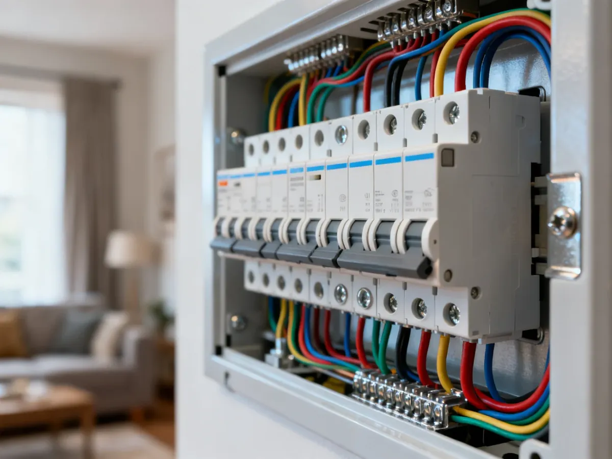 Nowoczesna rozdzielnica elektryczna z uporządkowanymi wyłącznikami nadprądowymi i przewodami w domowej instalacji.