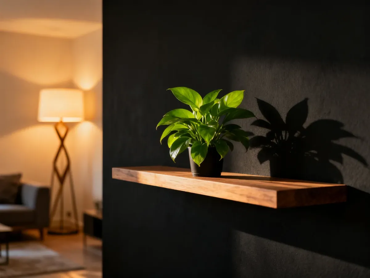 Nowoczesny salon z matową, czarną ścianą, która stanowi eleganckie tło dla minimalistycznej półki z zieloną rośliną.
