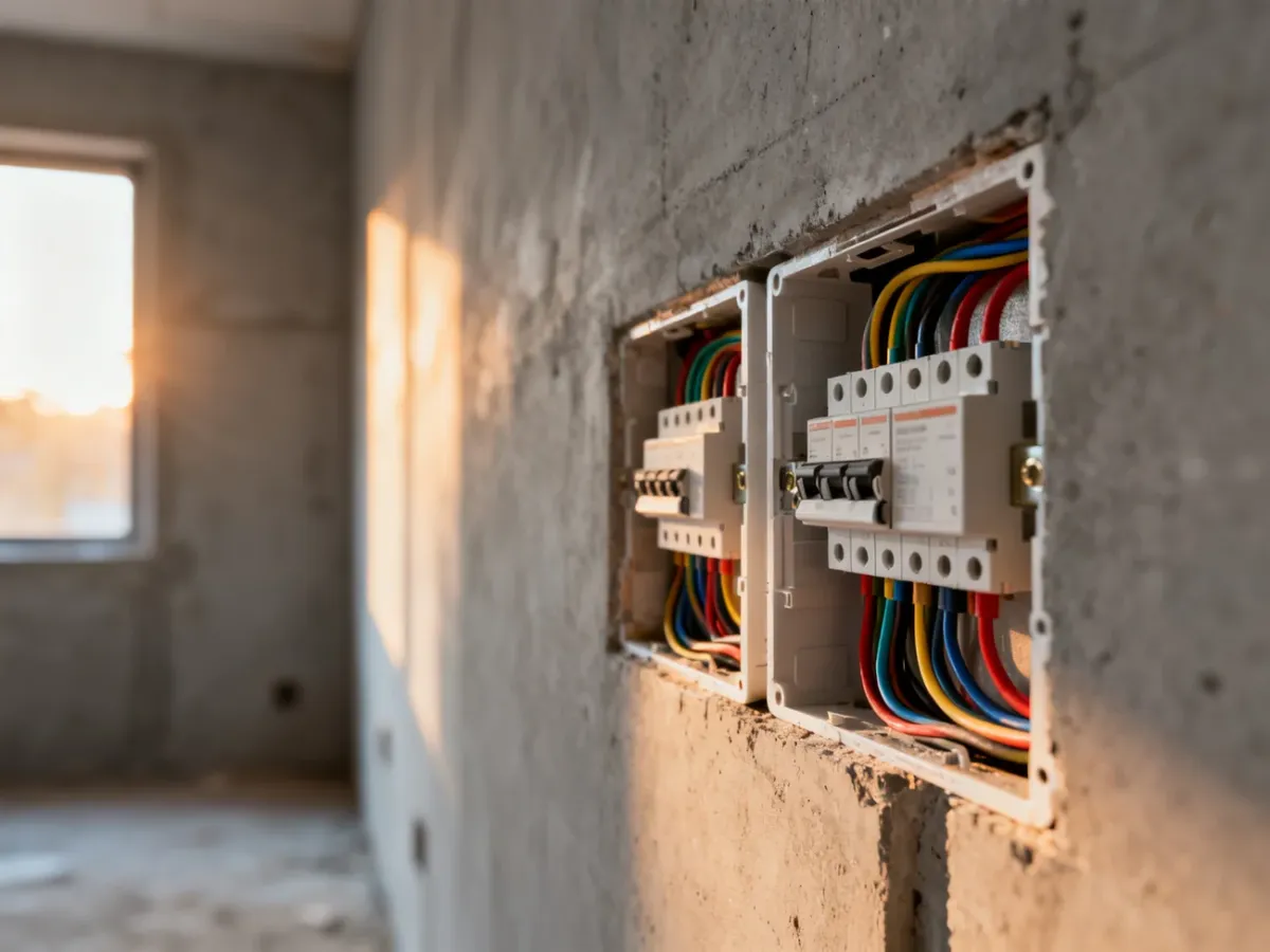 Otwarte puszki instalacyjne z uporządkowanym okablowaniem w surowej ścianie budynku w trakcie prac elektrycznych.