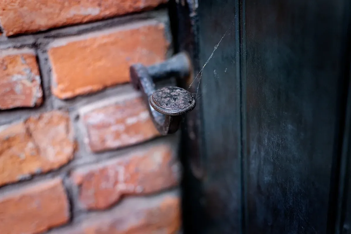 Nowoczesne drzwi wejściowe z zamontowaną klamką, gotowe do codziennego użytkowania.