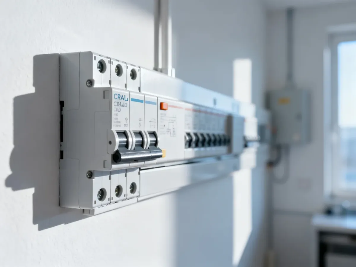 Nowoczesna rozdzielnica elektryczna z wyłącznikami różnicowoprądowymi zamontowana na białej ścianie.