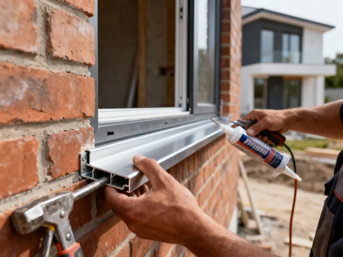 Pracownik budowlany precyzyjnie montuje aluminiowy parapet zewnętrzny na ceglanej elewacji budynku.