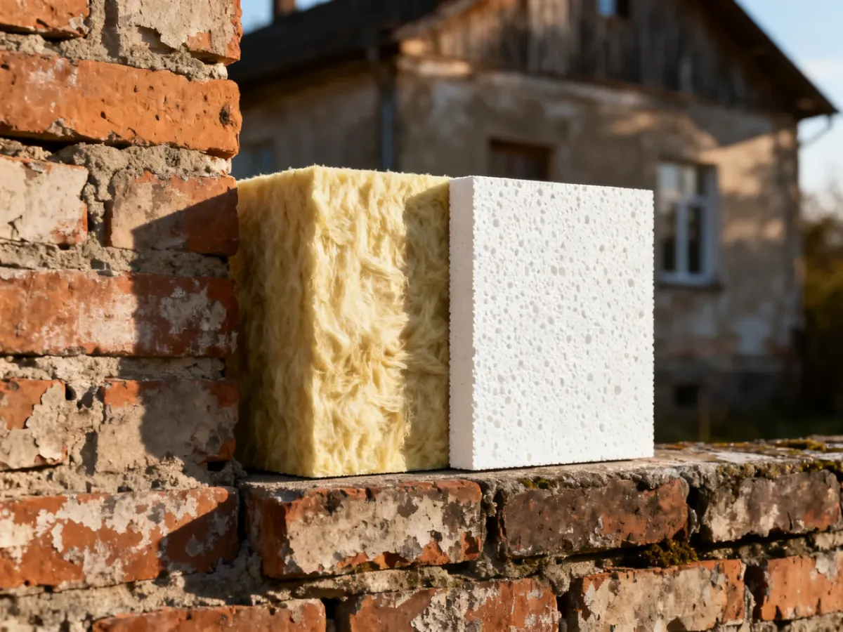 Porównanie próbek wełny mineralnej i styropianu na tle starej ceglanej ściany, ilustrujące wybór materiału do ocieplenia domu.
