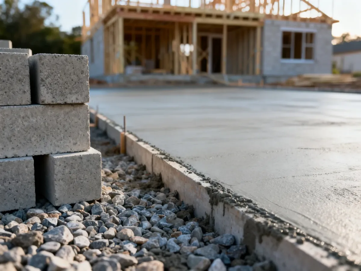 Porównanie bloczków betonowych i wylanego betonu na placu budowy fundamentów domu.