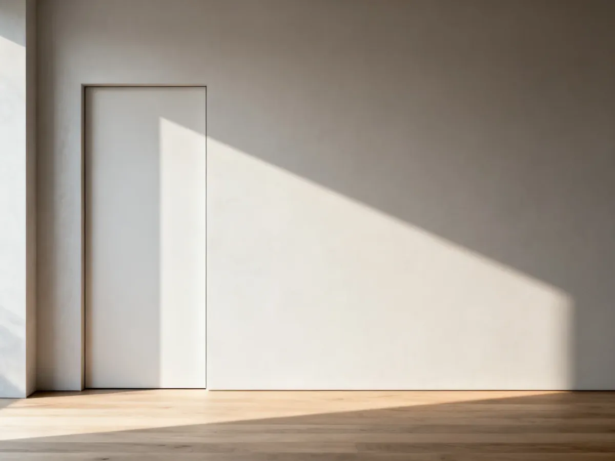 Minimalistyczne wnętrze z ukrytymi drzwiami zlicowanymi ze ścianą, podkreślające estetykę nowoczesnego designu.