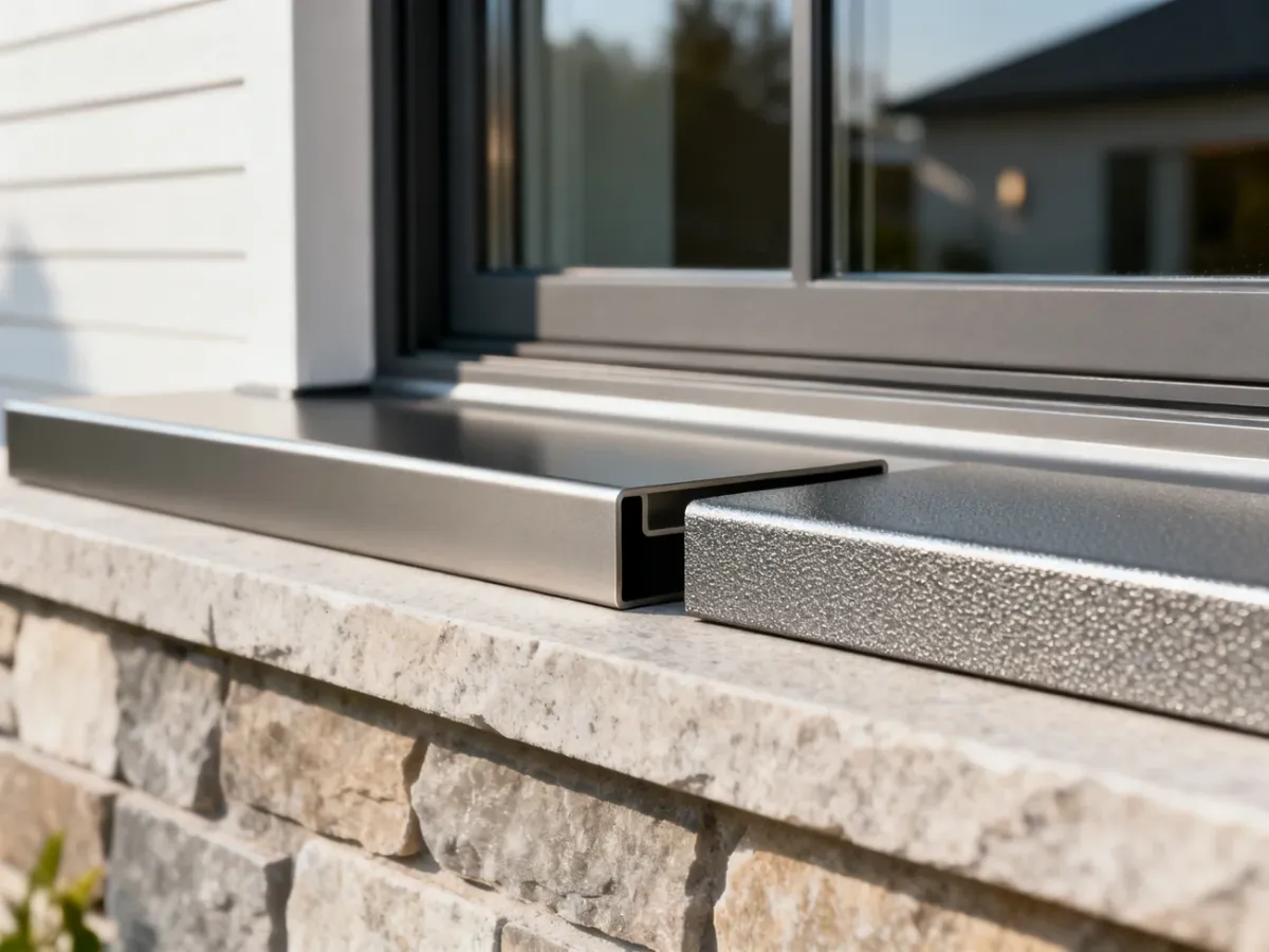 Porównanie próbek parapetów zewnętrznych z aluminium i stali o różnych wykończeniach powierzchni.
